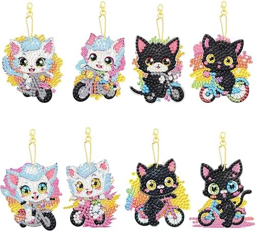 Masendp 8 Pieces Diamond Painting Keychain Animal Cat Style Diamond Art Jewelry Double-Sided 5D Diamond Painting Kit for Beginners Adult DIY Art Craft Gifts Home Decor for cat Lovers Best Gifts