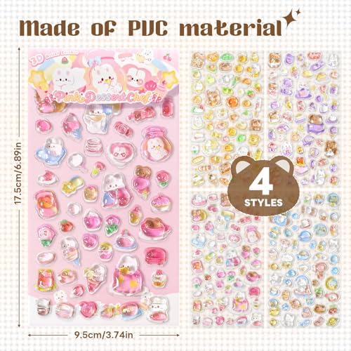 Cute 3D Relief Epoxy Stickers, Pink Dessert Chef Theme Glitter Stickers, Kawaii Bunny Bear Puffy Stickers for Scrapbooking, Journal, Water Bottle, Phone Case, DIY Crafts, Gifts
