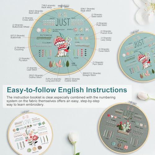 3 Sets Embroidery Kit for Beginners to Learn 36 Basic Embroidery Stitches Practice Kit,Hand Embroidery Cross Stitch Kits for Beginners with Embroidery Patterns, Hoop,Threads,Tools