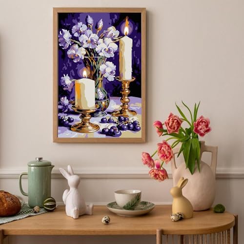 Auremi Purple Flower Framed Paint by Number for Adults,DIY Candle Painting by Number Kits on Canvas Acrylic Oil Painting Kits for Adults Paint by Number Kits for Home Decor 20x30cm