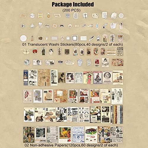 Esweny 200 Pieces Vintage Ephemera Scrapbooking Supplies Pack for Decoupage, Collage Craft, Notebooks, Album, Planners, Paper Scrapbook Stickers Kit (Retro)