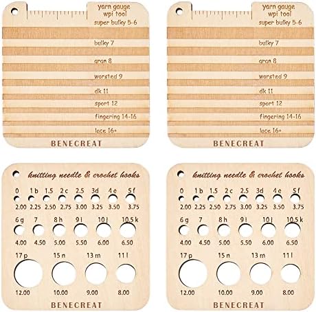 BENECREAT 4Pcs Wood Knitting Gauge Rulers, 2 Style Square Knitting Tool Crochet Hook and Knitting Needle Gauge, 2.5x2.5x0.2inch