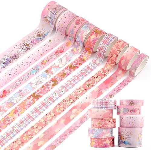 9 Rolls Gold Floral Washi Tape Set,Gold Foil Pink Floral Pattern Decorative Tape,Butterfly Star Decorative Masking Tapes for DIY Scrapbook Design Journaling Handbook Making Card Wrap Craft Gift