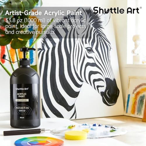 Shuttle Art Black Acrylic Paint, 33.8oz/1000ml Large Capacity Pump Bottle with Cover, High Coverage True Black, Fast Drying Non-Toxic Art Paint for Artists, Students, Kids & DIY Crafts