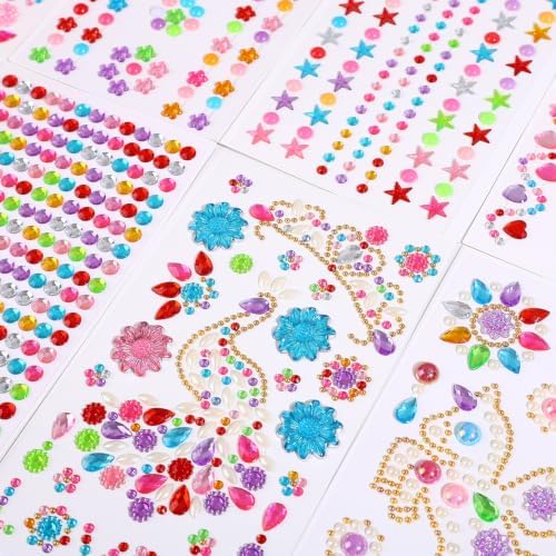 Gem Stickers for Crafting, Face, Eye, and Body Makeup, DIY Decoration, Kids' Rewards (Gem Stickers E (8 Sheets))