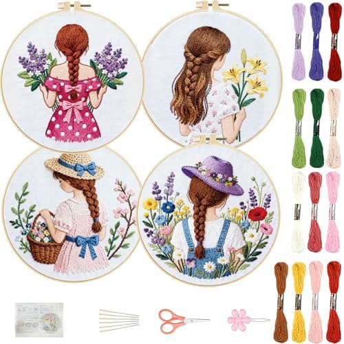 FREEBLOSS 4 Set Embroidery Kit Girl Pattern Stamped Embroidery Starter Kit with Step By Step Instructions, Colored Threads, 2 Hoops, Needlepoint Kits for Hand Craft Lovers Gift, 30cm/11.8inch