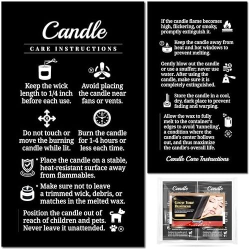 200 pack - Premium Handmade Candle Care Instruction Cards Black 2x3.5 in, Small Business | Soy Bees Wax Melt, Candle Makers, Making Supplies Kit Set, Containers, Jars, Pot, Package