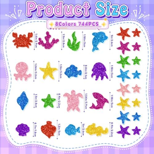 744 PCS Glitter Foam Stickers, Foam Sea Animal Stickers for Crafts,8 Colors