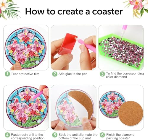 Diamond Art Coasters Kit, 8 Pieces Flowers Diamond Painting Coasters Kit
