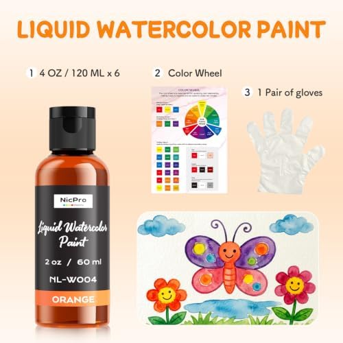 Nicpro 6 Colors Liquid Watercolor Paint Set, 2 oz Concentrated Water Color