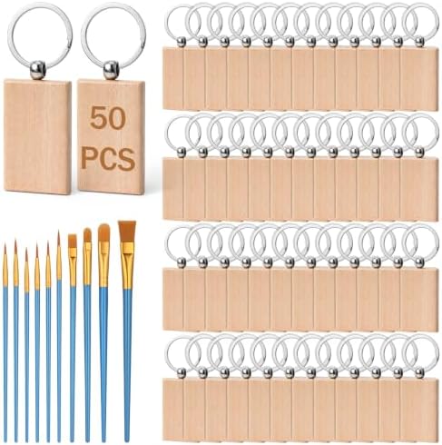 50 Pcs Unfinished Wooden Keychain Blanks Bulk with Oil Painting Brushes, 1.2 x 3.4in Rectangle Wood Laser Engraving Keychain Blanks with Key Rings for DIY Crafts Gift