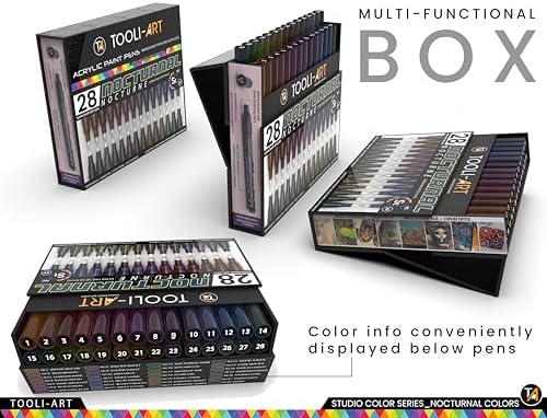 28 Dark Nocturnal Colors Acrylic Paint Pens Studio Color Series Markers Set 0.7mm Extra Fine Tip, Rock Painting, Glass, Mugs, Wood, Metal, Canvas, DIY, Detailing. Non Toxic, Waterbased, Quick Drying
