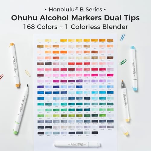 Ohuhu Alcohol Markers Brush&Fine 168 Colors for Adults Coloring Honolulu 2B | Brush Markers Set for Artists Adults Coloring Illustration, Double Tipped Brush Tip Alcohol-based AP Certified Refillable Ink