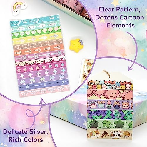 WAPETASHI 50 Rolls Washi Tape Set, Silver Cute Washi Tape for Scrapbooking, Bullet Journal, Planner, Gift, Rainbow Masking Decorative Tape for Kids
