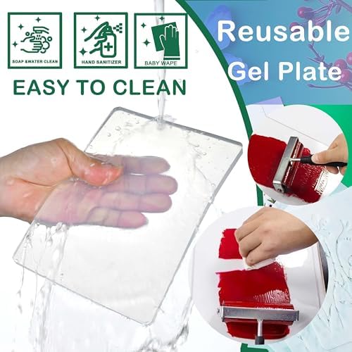 8" X 10" Gel Plate with 3inch Small Pack Round Triangel Square Gel Print Plate, Reusable Gel Printing Plate Set with Acrylic Paint,Paper, Stencil,Storage Box,Roller and Baren for Art Card Making