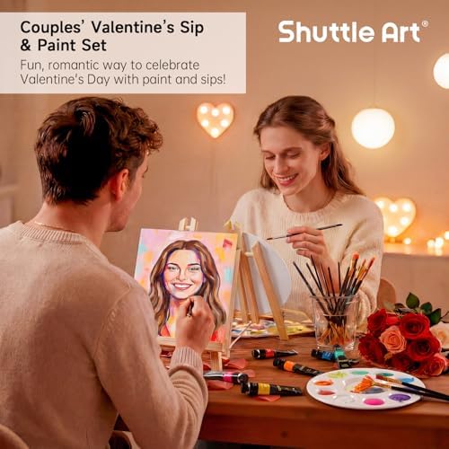Shuttle Art 58 Pack Painting Kit for Adults and Couples, Sip and Paint Kit for Date Night and Crafts, with 2 Pack of 15 Colors Paint, 2 Wooden Easels, Canvas, Brushes & Palettes