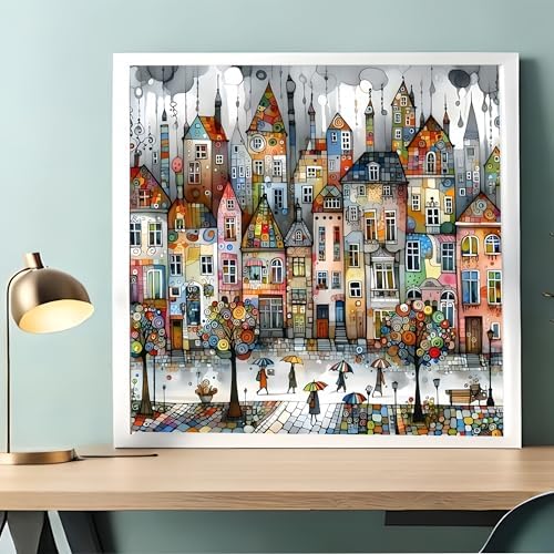 Acelii 5D Diamond Art Kits for Adults Beginners,Rainy Town DIY Full Round Drill Diamond Painting Kits, Paint by Diamonds Dots Gem Art Easy,Home Wall Decor 14X14 Inch