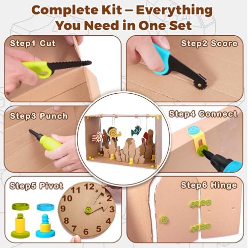 Cardboard Construction Kit - 401 PCS Kids Building Set with Safe Serrated Cutter, Crease Roller, Screws & Nuts, STEM Upcycled Tool for DIY Cardboard Projects, Engineering & Creativity