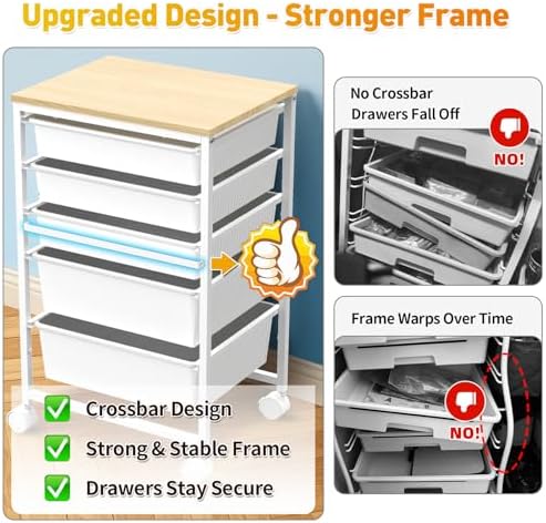 SUNALLY Rolling Carts With 5 Drawers, Storage Drawer Carts for Craft, White | Rolling Utility Cart with Wooden Tabletop & 2 Lockable Wheels, Teacher Storage Cart for Classroom School, Makeup, Nail, Art