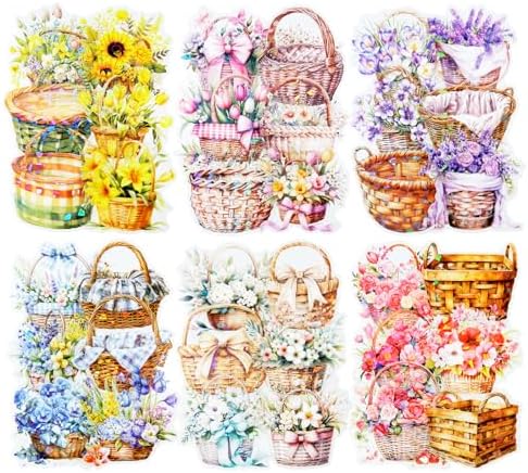 Floral Basket Holographic PET Sticker Set, 72Pcs Vintage Flower Stickers for Scrapbooking, Journaling, Junk Journal Supplies, and DIY Crafts