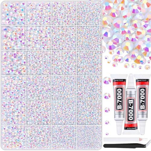 30000Pcs White AB Rhinestones for Bedazzling with B7000 Jewelry Glue, Bedazzler Kit Bulk Flatback Gems, Resin Rhinestones for Crafting Crafts Clothing Shoes Fabric Nail Art Assorted Size 2/3/4/5/6mm