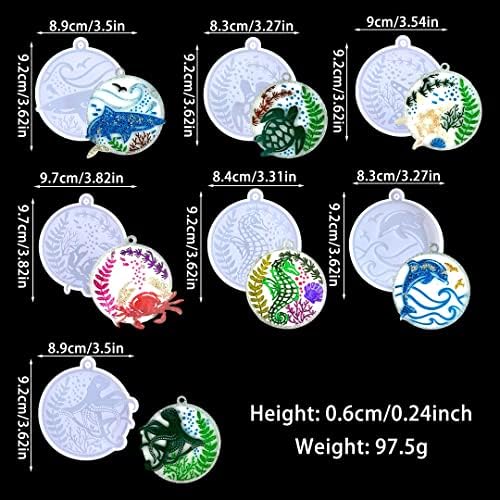 7 Pcs Keychain Resin Mold Sea Animals Silicone Molds Round Epoxy Resin Casting Mold Circle Keychain Pendant Mould with Holes for DIY Crafts Jewelry Earrings Making