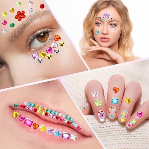 2168pcs Gem Stickers Rhinestones for Crafts, Sparkling Cute Star Heart Round Small Stickers for Women Adults, Glitter Jewels Stickers for Face Eye Body Makeup, DIY Decoration, WUINOID