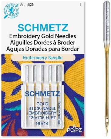 SCHMETZ Gold Embroidery Sewing Machine Needles - Titanium Coated for Smooth Stitching, Size 90/14, 5-Needle Cards, Pack of 1