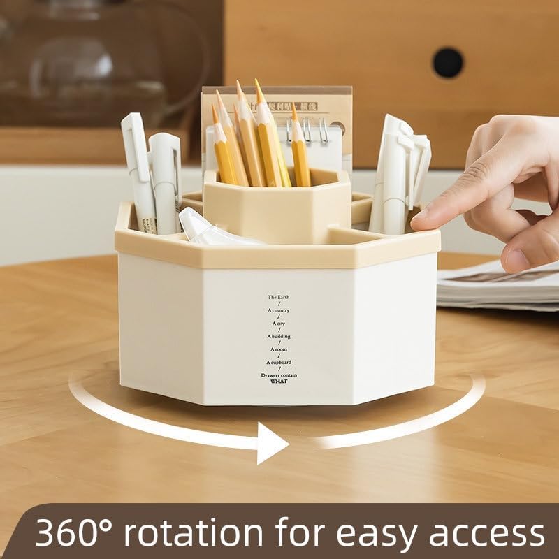 Jekelife 360 Degree Rotating Pen Holder,5-Compartment Desk Organizer,Beige