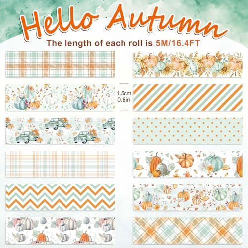 Whaline 12 Rolls Fall Washi Tape Autumn Pumpkin Plaid Truck Washi Tape Cyan Orange Harvest Decorative Masking Tape for Thanksgiving Scrapbook Journal DIY Art Craft Gift Wrapping Supplies