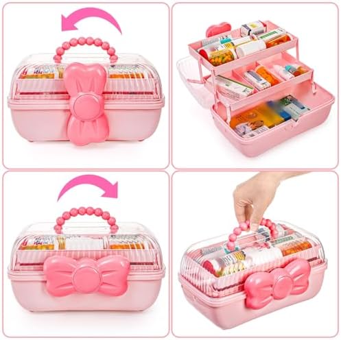 Noamus 11" Three-Layer Multipurpose Storage Box, Clear Plastic Art Craft Organizer, Portable First Aids Case with Handle Trays for Kids, Sewing Makeup Nail Hair Accessories, Home School Office(Pink)