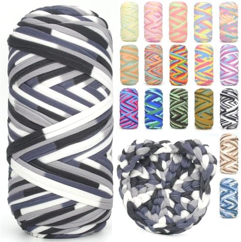 Tshirt Yarn for Crocheting,Rainbow T Shirt Chunky Elastic Fabric Thick T-Shirt Crochet Yarn for Beginners Crocheting Hand Knitting Bag/Basket/Coasters/DIY Crafts/Home Decor 200G-Black White Grey
