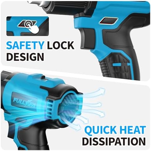 FULLYEA Heat Gun Cordless, Portable Hot Air Gun Kit with 5 Nozzles, Max 550℃/1022℉, Soldering Heat Gun with 2*4.0Ah Battery & Charger, Cordless Heating Gun for Shrink Tubing, Vinyl Wrap, Craft (Blue)
