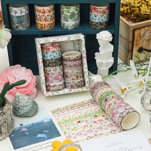 18 Rolls Seasons Flowers Washi Tape Set Floral Arts Adhesive Tapes Blooming Garden Decorative Masking Tape Sets for Craft, Kids, Scrapbook, DIY, Gift Wrapping (Spring)
