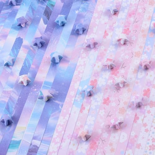 Origami Star Paper Strip, 1200Pcs Double-Sided Printing Lucky Star Paper Strips Sakura and Starlight Themed Origami for DIY Craft, 24 Patterns