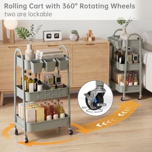 danpinera 3-Tier Rolling Cart, Metal Rolling Storage Cart with Lockable Wheels & Hanging Cups & Hooks, Mobile Trolley Cart for Kitchen, Bathroom, Office, Workshop, Gray