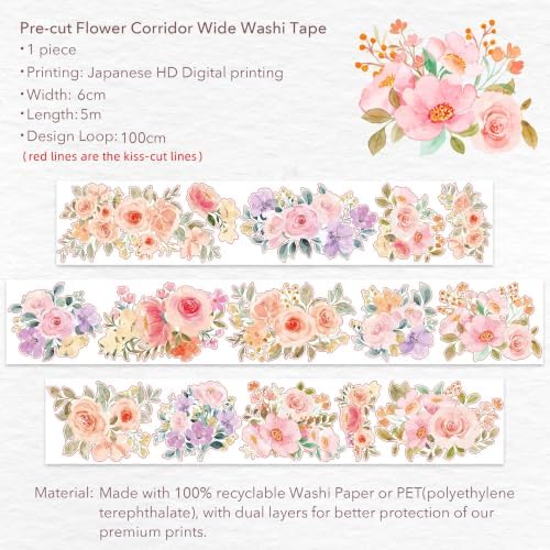 WT Pre-Cut Flower Corridor Wide Washi Tape, Floral Designs, 60mm x 5m
