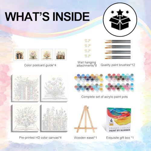 4 Pack Framed Paint by Numbers Kit for Adults with Wooden Easel, Book | With Frame Canvas, Flower DIY Acrylic Painting, For Adults Beginner, Stress Relief Craft Kits, Home Wall Decor Gift, 10x10 IN