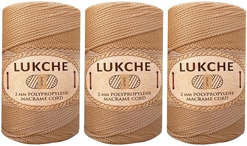 Polyester Macrame Cord 2mm x 251 Yards, 100% Polypropylene Premium Macrame Rope, Colorful Yarn Crochet Macrame Bag Craft for Wall Hangers, Bags, Bottom Plates, Carpets (Camel, 3 Skein)
