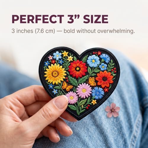 Heart Flower Patches for Clothes 3 inch - Iron On Heart Patches for Backpacks Gift, DIY Applique Accessories, Trucker Hats - Wildflower Applique Embroidery Patch