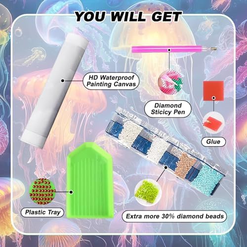 VeGuude Jellyfish Diamond Art Kits for Adults, Full Drill Beach Diamond Painting Kits for Beginners, DIY Full Ocean Rhinestone 5D Diamond dots (Gemstone Craft), Home Wall Decoration (16x12 inch)