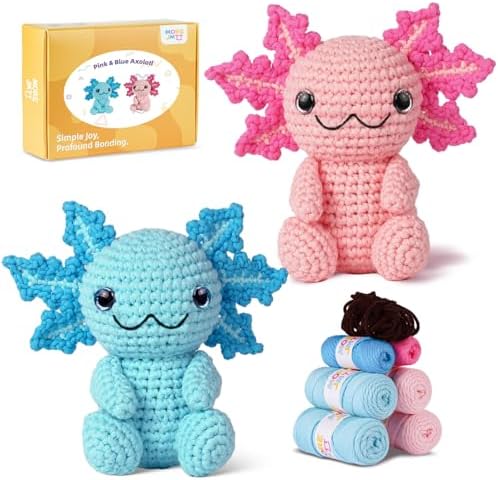 MOREJMTT Crochet Kit for Beginners, Crochet Animal Kits,Crocheting Kit for Starters with Step-by-Step Video Tutorials, Beginner Crochet Kits for Adults (2Pack Axolotl)
