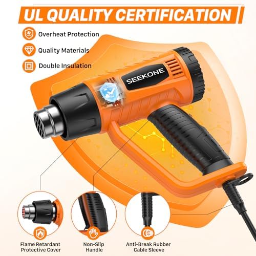 SEEKONE Heat Gun 1800W with 1112℉&752℉ 2 Temperature Settings for Crafting | 2-Speed Airflow 500/250L/min, Ergonomic Handle, Overheat Protection, 4 Nozzles For Vinyl Wrap, Shrink Wrap, Paint Removal
