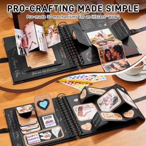 OVESMUSL 8x8 DIY Scrapbook Kit, Black, 40 Pages | Features 250gsm kraft paper, metal corners, 3D interactive elements, and glue stick. Great for wedding, anniversary, baby.