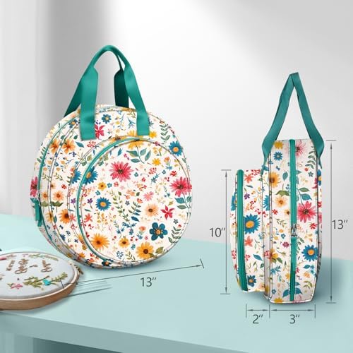 FINPAC Embroidery Project Bag, Embroidery Supplies Storage Carrying Tote Case with Multiple Pockets for Floss, Hoops, Thread, Stitch Tools Kit [Bag Only], Apricot Bloom