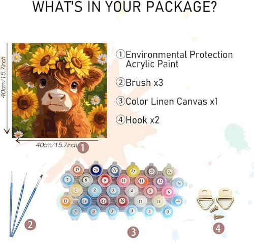 AALBLAC Cow Paint by Numbers Kit for Adults Beginners, Highland Cow Flower Paint by Number for Adults, Easy Animal Acrylic Painting by Numbers for Home Wall Decoration (16x16 inch)