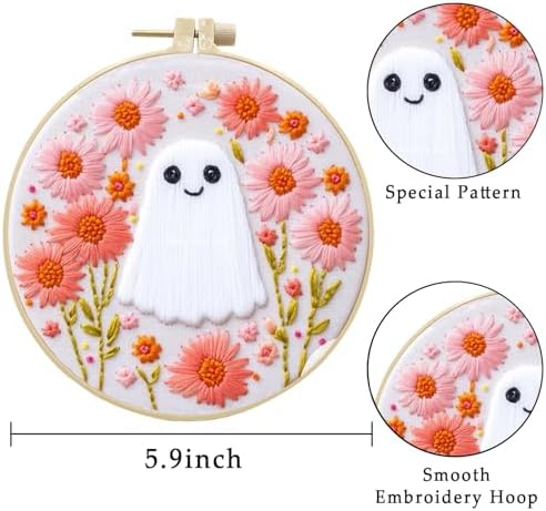 LB Cute Halloween Embroidery Kit for Adults & Beginners - 4-Piece DIY Cross Stitch Starter Kit with Ghost, Pumpkin, Floral Designs (Pink/Orange), Hoop, Threads, Needles