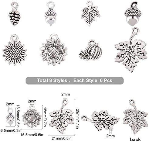 SUNNYCLUE 1 Box 48Pcs Thanksgiving Charms Bulk Tibetan Style Antique Silver Sunflower Charms Fall Leaf Charm Hollow Maple Leaves Vintage Alloy 3D Pinecone Charms for Jewelry Making Charm DIY Craft