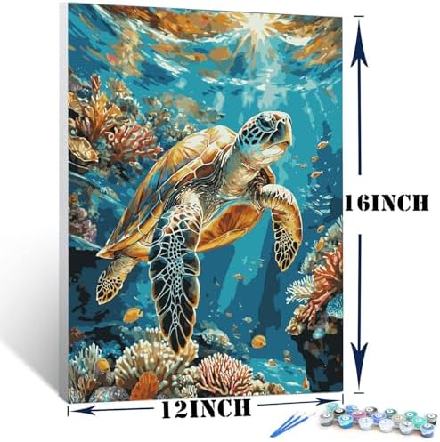 Lovepefe Sea Turtle Paint by Numbers Kit for Adults with Framed Oil Painting Kit Beginner Turtle DIY Painting Kits for Adults Paint By Number On Canvas for Gift Home Wall Decor 12x16 Inch