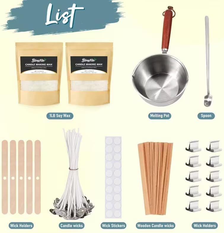 Soy Wax Candle Making Kit with 2 Wick Types & Melting Pot- All-in-One DIY Candle Making Supplies for Beginners, Includes Wax, Wick Stickers, Holders, Wick Placing Tube Tools for Homemade Container